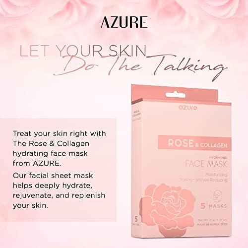 AZURE Rose & Collagen Hydrating Facial Sheet Mask - Toning, Lifting & Deeply Moisturizing - Reduces Fine Lines & Wrinkles, Reduces Signs of Aging & Dry Patches - Skin Care Made in Korea - 10 Pack-Velvo Beauty