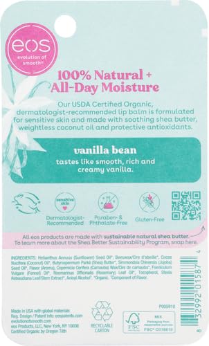 eos 100% Natural & Organic Lip Balm Stick- Vanilla Bean | Dermatologist Recommended for Sensitive Skin | All-Day Moisture Lip Care Products | 0.14 oz (Pack of 2)-Velvo Beauty