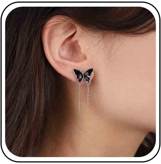 Vintage Butterfly Stud Earrings Silver Chain Tassel Dangle Earrings Black Butterfly Earrings Layer Chain Drop Earrings Jewelry for Women-Velvo Beauty