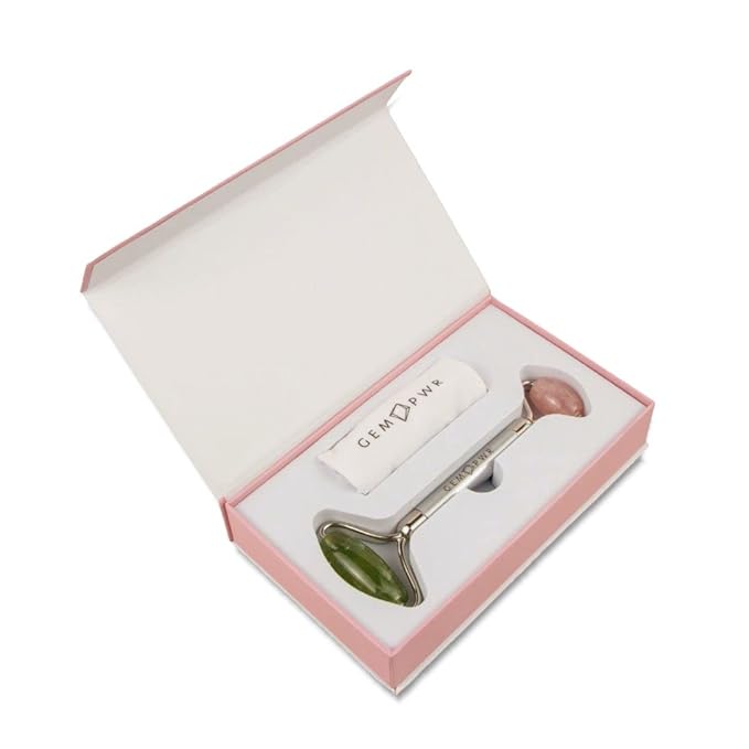Rose Quartz + Jade Roller for Face and Neck Massage, Dual Gemstones with Durable Steel Handle and Travel Bag. Minimize Wrinkles, Reduce Puffiness and Restore Skin's Elasticity and Radiance-Velvo Beauty