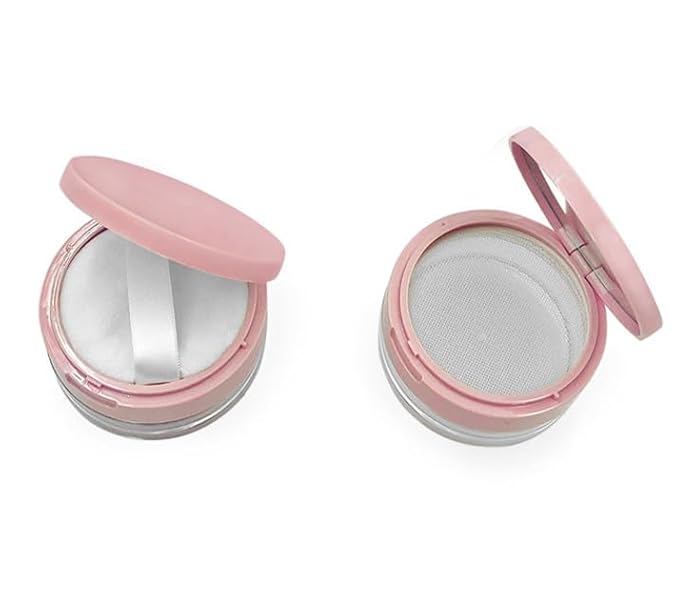 Loose Powder Cocntainer No Leaks Empty Reusable Plastic Loose Powder Compact Container Makeup Powder Case with Sponge Powder Puff,Elasticated Net Sifter and Pink Threaded Screw Lid-Velvo Beauty