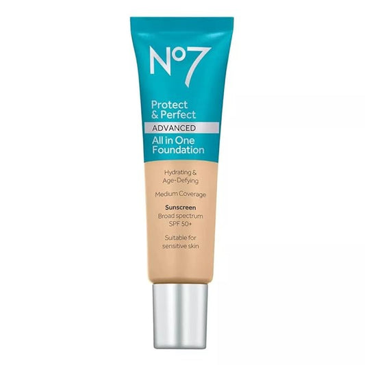 No7 Protect & Perfect Advanced All in One Foundation - Deep Honey - Light to Buildable Coverage - Hydrating Foundation with SPF 50 - Reduces Redness & Blurs Visible Pores (30ml)-Velvo Beauty