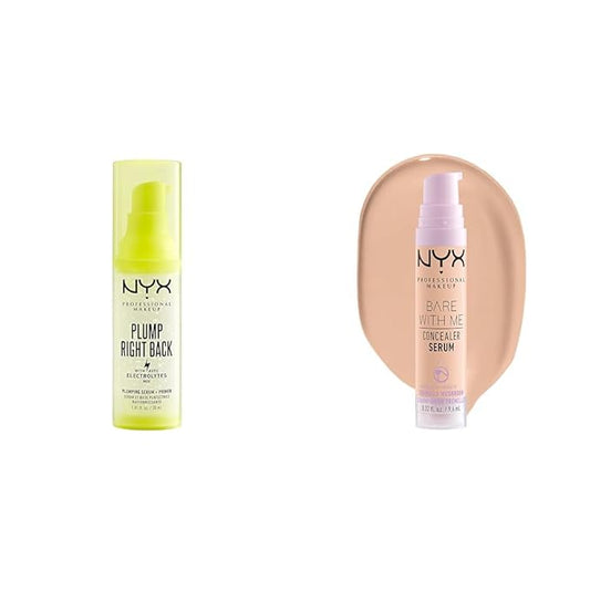 NYX PROFESSIONAL MAKEUP Plump Right Back Plumping Serum & Primer, With Hyaluronic Acid & Bare With Me Concealer Serum, Up To 24Hr Hydration - Vanilla-Velvo Beauty
