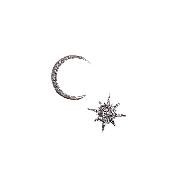 Boho Star Moon Studs Earrings Silver CZ Sunburst Earrings Rhinestone Crescent Moon Earrings Mismatched Earrings Jewelry for Women and Girls-Velvo Beauty