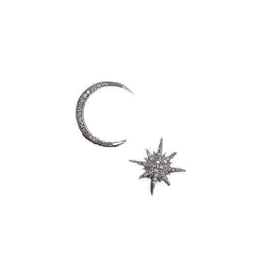 Boho Star Moon Studs Earrings Silver CZ Sunburst Earrings Rhinestone Crescent Moon Earrings Mismatched Earrings Jewelry for Women and Girls-Velvo Beauty