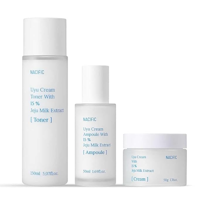 NACIFIC Uyu Cream Moisturizing Set Toner 150ml 5.07fl.oz, Ampoule 50ml 1.69fl.oz, Cream 50ml 1.69fl.oz, Milk Jeju Island, 100 housr lasting, Deep Moisture-Velvo Beauty