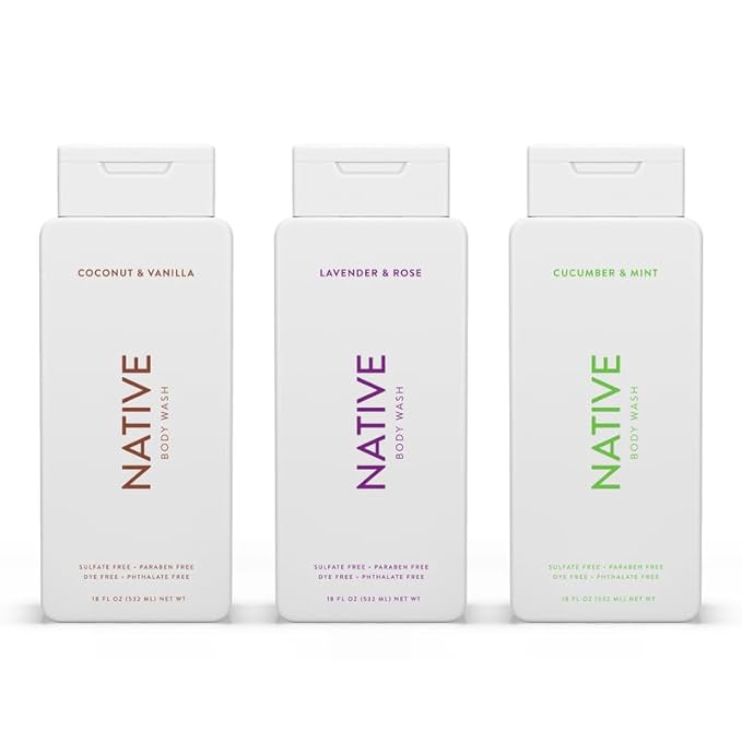 Native Body Wash Contains Naturally Derived Ingredients | for Women & Men, Sulfate, Paraben, & Dye Free Leaving Skin Soft & Hydrated |Coconut & Vanilla, Lavender Rose, & Cucumber Mint, 18 oz Pack of 3-Velvo Beauty