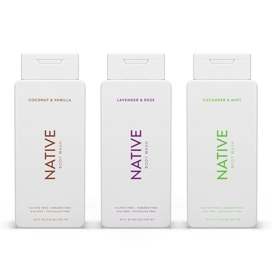 Native Body Wash Contains Naturally Derived Ingredients | for Women & Men, Sulfate, Paraben, & Dye Free Leaving Skin Soft & Hydrated |Coconut & Vanilla, Lavender Rose, & Cucumber Mint, 18 oz Pack of 3-Velvo Beauty