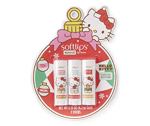 Hello Kitty Limited Edition Softlips Ornament Natural Lip Balm 3-Pack Vanilla Chai, Frosted Cranberry, Sugar Cookie, Holidays 2020-Velvo Beauty