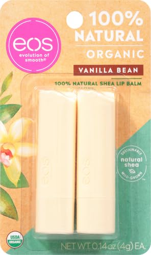 eos 100% Natural & Organic Lip Balm Sticks- Vanilla Bean, All-Day Moisture, Dermatologist Recommended, 0.14 oz, 2-Pack-Velvo Beauty