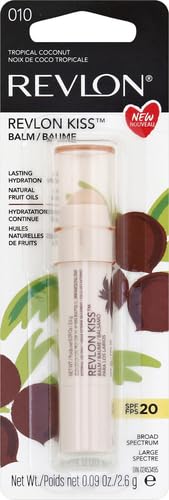 Revlon Lip Balm, Kiss Tinted Lip Balm, Face Makeup with Lasting Hydration, SPF 20, Infused with Natural Fruit Oils, 010 Tropical Coconut, 0.09 Oz (Pack of 2)-Velvo Beauty