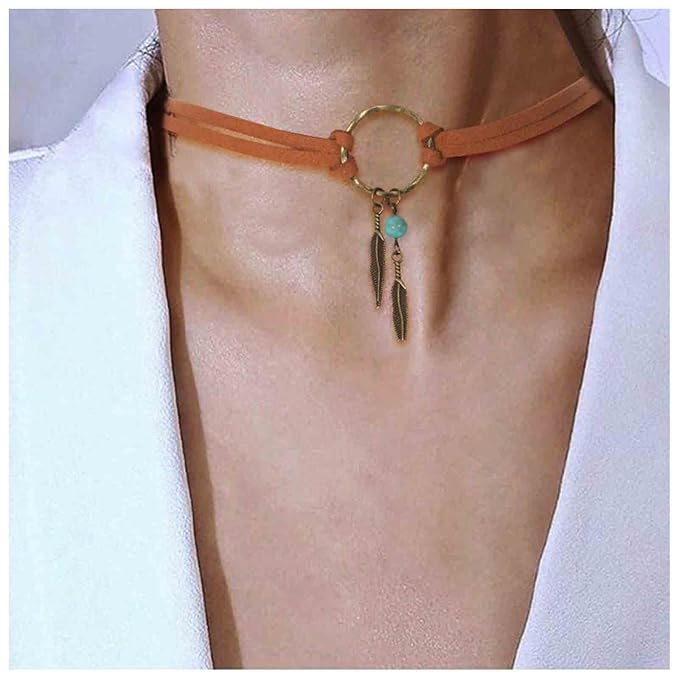 Boho Layered Suede Choker Necklace Tiny Leaf Pendant Necklace Chain Brown O Ring Leather Choker Necklace Turquoise Bead Necklace Chain Jewelry for Women and Girls-Velvo Beauty