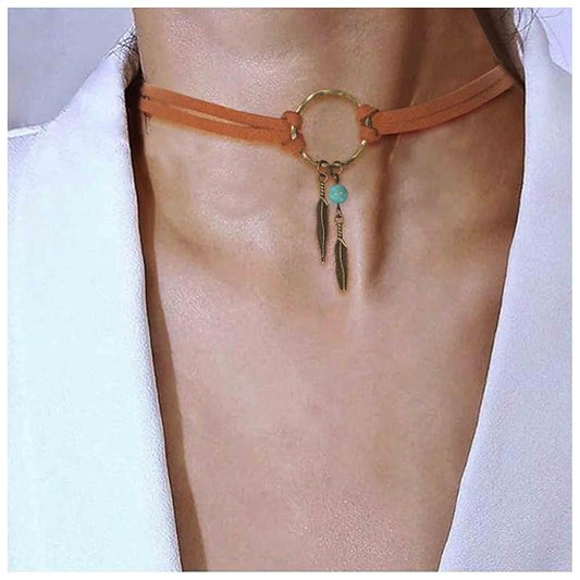 Boho Layered Suede Choker Necklace Tiny Leaf Pendant Necklace Chain Brown O Ring Leather Choker Necklace Turquoise Bead Necklace Chain Jewelry for Women and Girls-Velvo Beauty
