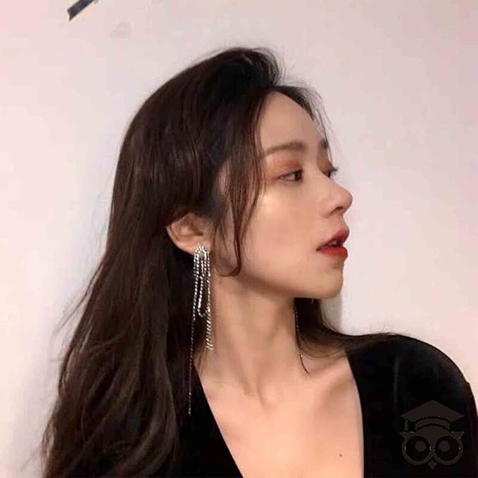 Rhinestone Tassel Ear Jacket Earrings Long Rhinestone Chain Earrings Silver Crystal Tassel Earrings Vintage Chandelier Chain Earrings Luxury Statement Earrings Jewelry for Women and Girls Gifts-Velvo Beauty