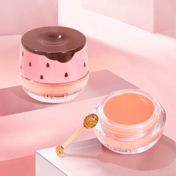 Strawberry Sleeping Lip Mask,Bee Lip Balm Lip Mask Honey Pot Propolis Moisturizing Lip Balm with Stick,Plumping Lip Hydrating Prevention Dry& Cracked Lip Scrubs Exfoliato Lip Wrinkle Care(Strawberry)-Velvo Beauty