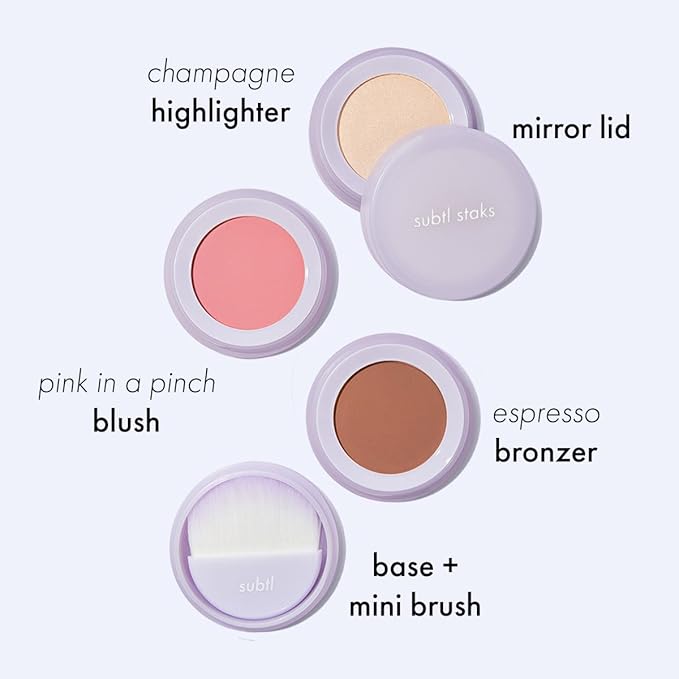 Subtl Beauty 3-in-1 travel makeup kit by subtl staks | powder blush, bronzer, and highlighter | includes mirror lid and mini brush | for dark-deep skin tones-Velvo Beauty