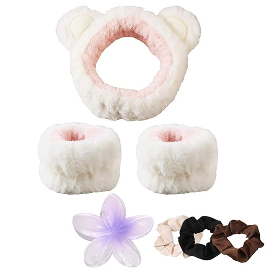 7pcs/Set Hairdressing Accessories Kit, Lovely Bear Decor Head Band, Elastic Fluffy Water Absorbent Head Hoops, Flower Shaped Hair Claw Clips, Ponytail Holders Hair Ties (White)-Velvo Beauty