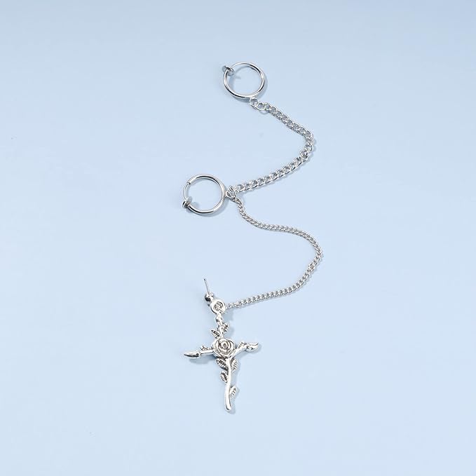 Cross Chain Cuff Earrings Silver Cross Dangle Chain Earrings Long Crucifix Drop Earrings Religious Ear Cuff Wrap Chain Earrings Jewelry for Women and Girls-Velvo Beauty