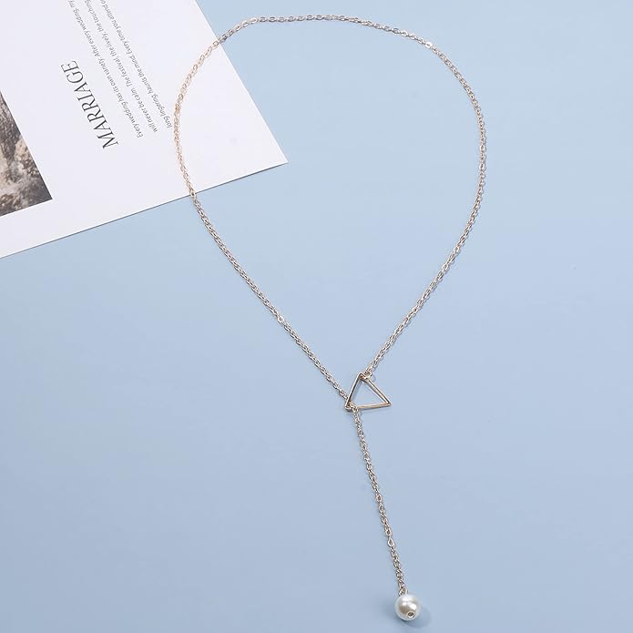 Boho Pearl Triangle Necklace Gold Y Pearl Necklace Minimalist Y Lariat Necklace Geometry Chain Jewelry for Women and Girls-Velvo Beauty