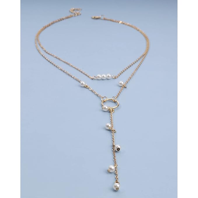 Boho Circle Pearl Lariat Necklace Gold Long Lariat Chain Necklace Tiny Pearl Choker Necklace Drop Pearl Chain Y Necklace Jewelry for Women and Girls Gifts-Velvo Beauty