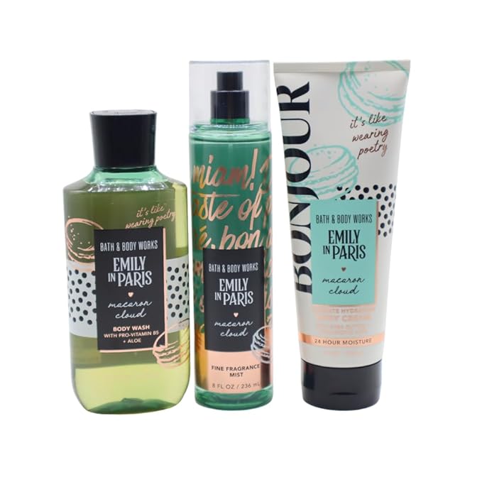 Bath & Body Works Emily in Paris MACARON CLOUD 3pc Bundle Gift Set with a Red Bow for Holidays - Mist, Body Cream, Shower Gel - Full Size-Velvo Beauty