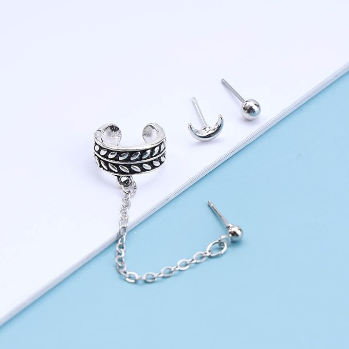 Bohemia Moon Cuff Chain Earrings Silver Chain Climber Dangle Earrings Tassel Chain Cartilage Earrings Chain Drop Dangle Earrings Set for Women and Girls-Velvo Beauty