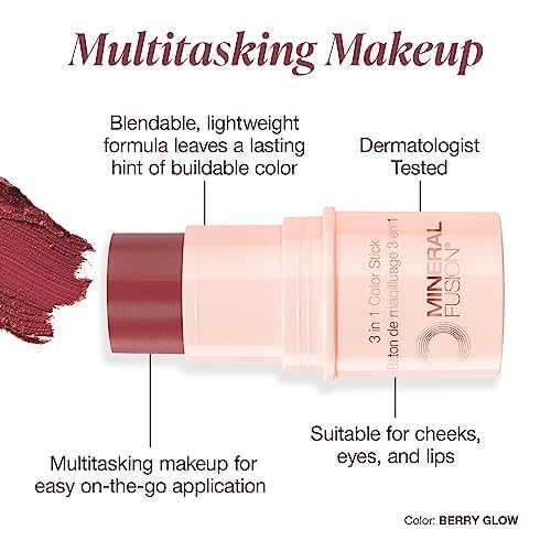 Mineral Fusion 3-in-1 Color Stick, Instant Color Pop and Blush for Cheeks, Creamy Lightweight Formula, Multi-Use Eye, Face, and Lip Makeup, Berry Glow-Velvo Beauty