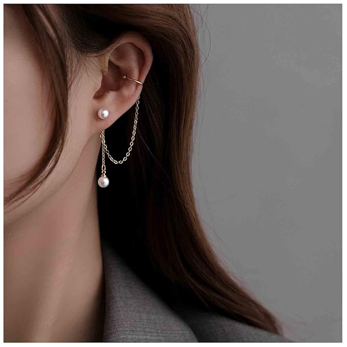 Vintage Pearl Cuff Chain Earrings Gold Chain Ear Cuffs Dangle Chain Cartilage Earrings Pearl Studs Earrings Cartilage Helix Earrings Helix to Lobe chain earrings Jewelry for Women and Girls (Gold B)-Velvo Beauty