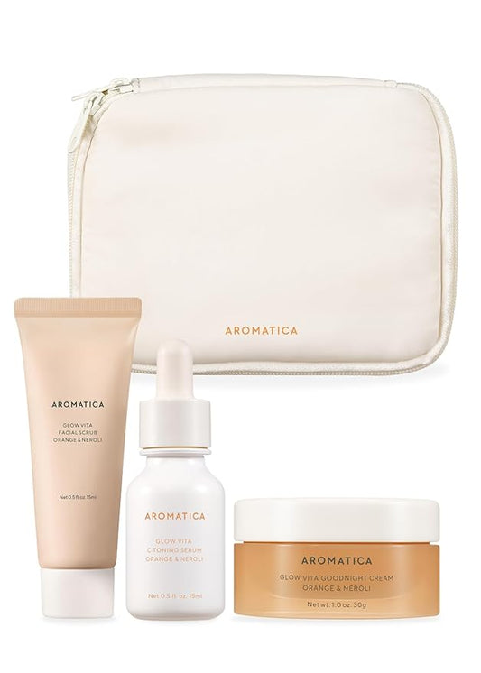 AROMATICA Glow Vita Trial Kit - Travel Size Skin Care Set [Vitamin C Serum 0.5 fl.oz, Facial Scrub 0.5 fl.oz, Goodnight Cream with Retinol 1oz] - Travel Kit for Women-Velvo Beauty