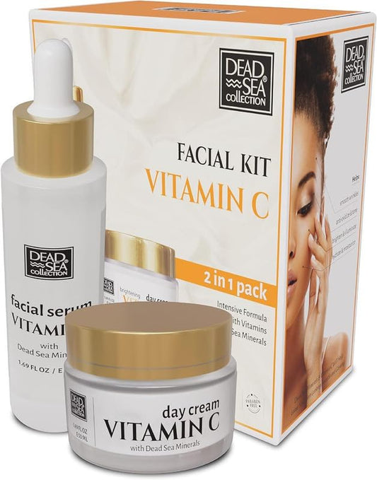 Dead Sea Collection Facial Vitamin C Kit - Day Cream (1.69fl.oz/50ml jar) & Facial Serum (1.69fl.oz/50ml bottle) - Pure Dead Sea Minerals - Anti-Wrinkle Hydration Smooth and Moisturized Skin-Velvo Beauty