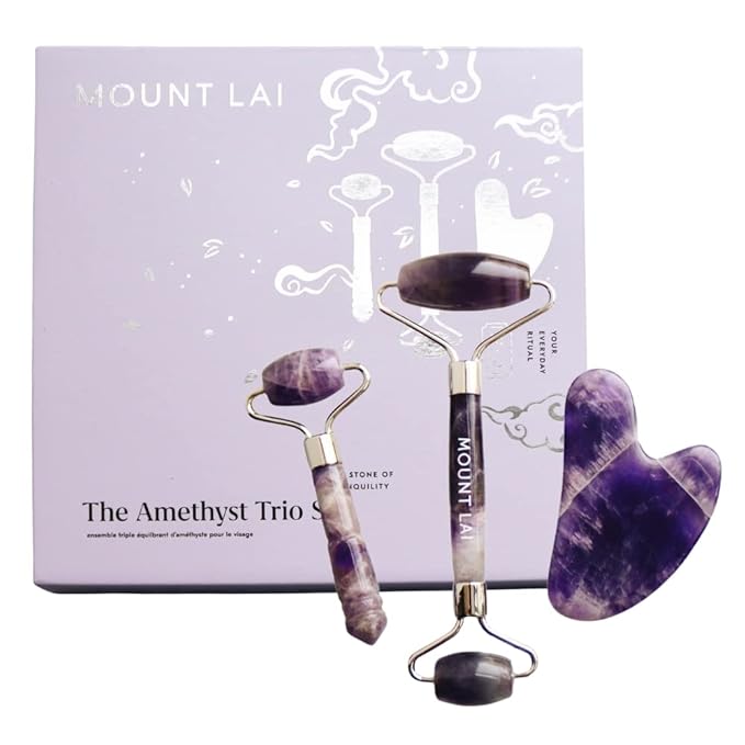 Mount Lai Amethyst Trio Calming Facial Set, Facial Roller and Amethyst Gua Sha Facial Tools Set, Guasha Tool for Face to Relieve Muscle Tension and Reduce Puffiness, Anti Aging Skin Care Sets-Velvo Beauty