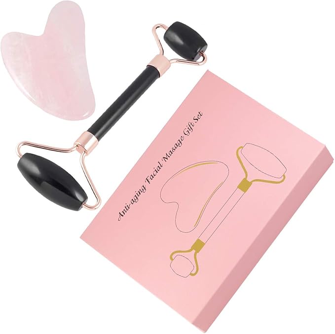 mookaitedecor Obsidian Roller & Rose Quartz Gua Sha Scraping Massage Tool Set, Face Massager for Wrinkles, Anti Aging-Velvo Beauty