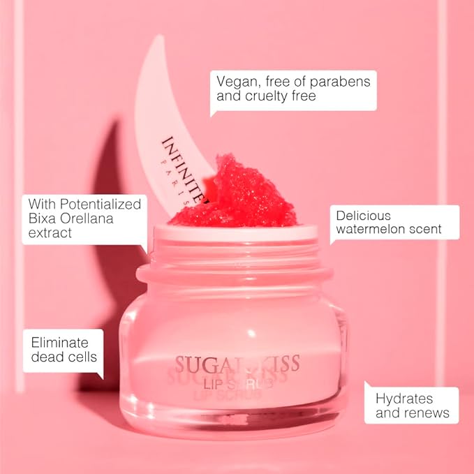 Infinitek Paris Sugar Kiss Watermelon Flavored Lip Scrub 2.4 oz / 68 g - Hydrating Lip Balm, Scrubber Exfoliator, Lip Mask, Lip Repair Treatment & Lightening Exfoliator for Dark Lips-Velvo Beauty