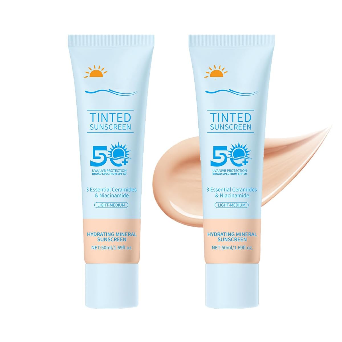 Tinted Sunscreen for Face SPF 50, 2 PCS Defense SPF 50 Face Sunscreen Lotion with Hyaluronic Acid, Sun Essence Faces Sunscreens, Hydrating, Moisturizing, UV Defense, Travel Size (Medium Color)-Velvo Beauty