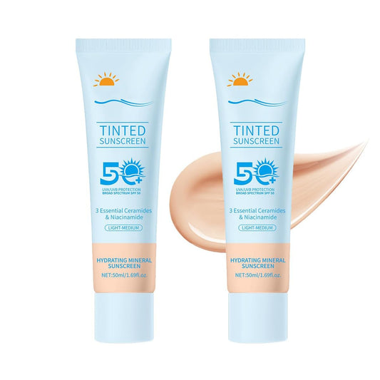 Tinted Sunscreen for Face SPF 50, 2 PCS Defense SPF 50 Face Sunscreen Lotion with Hyaluronic Acid, Sun Essence Faces Sunscreens, Hydrating, Moisturizing, UV Defense, Travel Size (Medium Color)-Velvo Beauty