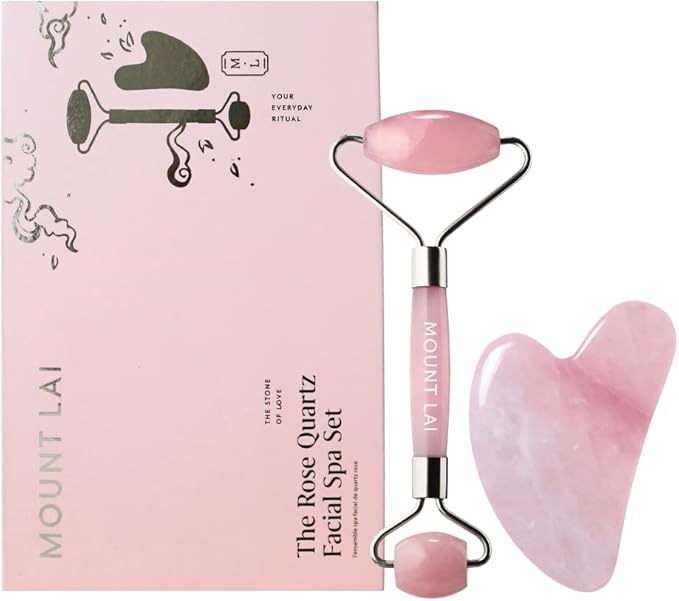 Mount Lai Rose Quartz Gua Sha Facial Tools, Pink Quartz Gua Sha Facial Tools Set and Roller, Guasha Tool for Face to Relieve Muscle Tension and Reduce Puffiness, Anti Aging Skin Care Sets for Women-Velvo Beauty