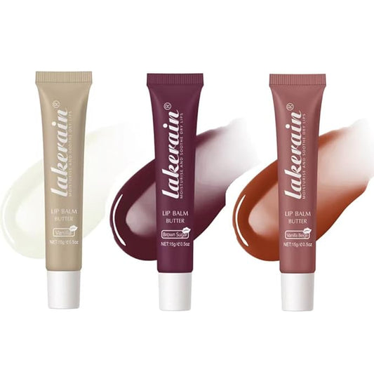 3 Colors Lip Butter Balm Set，Vanilla Vanilla Beige Brown Sugar, Lasting Moisture Non Stick Glow Resurrection Cream Lip Oil Gloss Trio Lip Care Makeup(123# Vanilla + Vanilla Beige+Brown Sugar)-Velvo Beauty