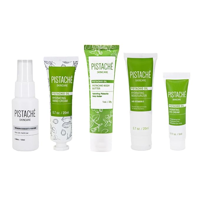 Pistaché Skincare Pistachio Oil 5-Pc Mini Collection (Travel) + Body Butter, Hand Cream, Biscotti Perfume, Eye Cream & Face Moisturizer + Hydrates and Nourishes + Vitamin E + Antioxidant Protection-Velvo Beauty