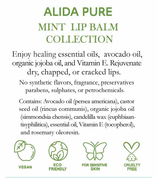ALIDA PURE Mint Lip Balm Collection, Vegan Lip Balm, Beeswax Free, with Avocado Oil, Organic Jojoba Oil, and Vitamin E, for Dry, Chapped, or Cracked Lips, 3 Tube Set-Velvo Beauty