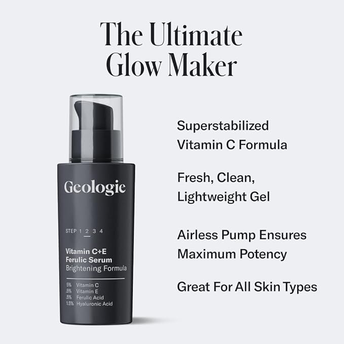 Geologie Vitamin C+E Ferulic Acid Face Serum | Brightening & Firming Anti-Aging Gel Formula | 5% Light-Protected & Stabilized Vitamin C , 0.5% Vitamin E, 1.5% Hyaluronic Acid | 30 ML-Velvo Beauty