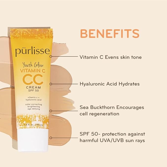 pürlisse Youth Glow Vitamin C CC Cream with SPF 50 - Color Corrector Enriched with Sea Buckthorn, Vitamin C & Hyaluronic Acid - Boosts Radiance & Youthfulness - Paraben-Free - Medium (1.4 oz)-Velvo Beauty