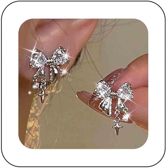 Vintage Crystal Bow Earrings Black Onyx Stud Earrings Silver Tiny Cross Drop Earrings Sparkly Cz Rhinestone Bow Earrings Jewelry for Women-Velvo Beauty