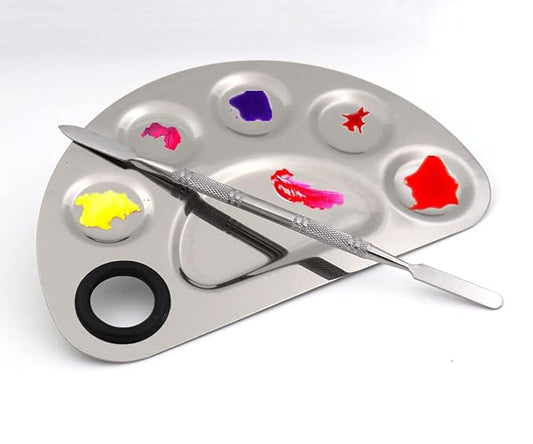 semicircle Makeup Palette Stainless Steel 6-dents Nail-art Cosmetic Artist Mixing Palette with 6 Inches Spatula Tool-Velvo Beauty