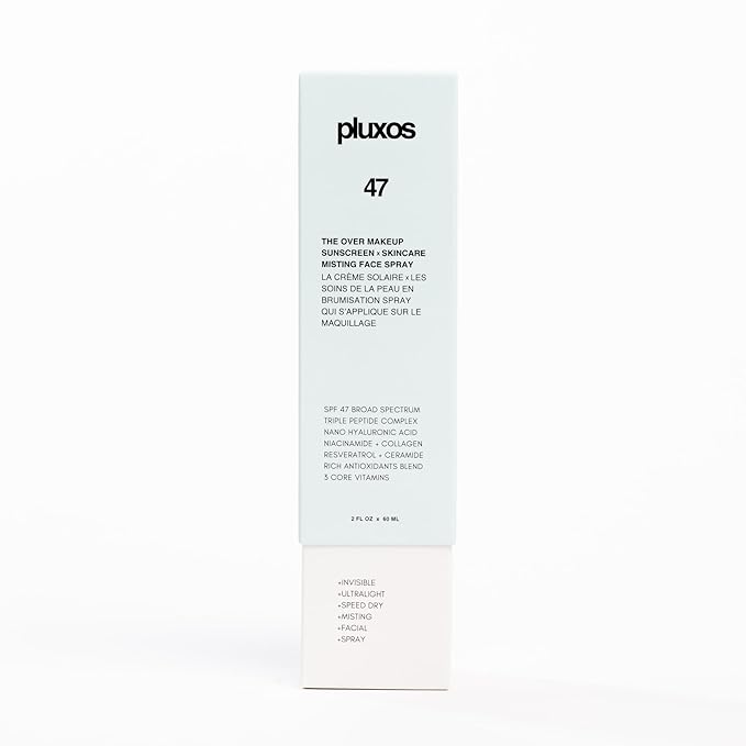 | PLUXOS 47 | SUNSCREEN + SKINCARE SPF 47 FACE MIST SPRAY (Peach) | SUN DEFENSE COMPLEX CARE | Apply Over Makeup, Broad Spectrum, Clear, Light, Vegan, Hydrate, Fight Acne, Anti-Aging, Cell Repair-Velvo Beauty