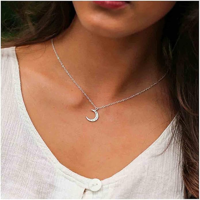 Boho Rhinestone Moon Necklace CZ Crescent Pendant Necklace Chain Minimalist Necklace Festival Jewelry for Women and Teen Girls-Velvo Beauty