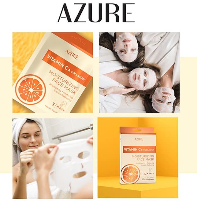 Azure Cosmetics Vitamin C & Collagen Moisturizing Facial Sheet Mask- Anti Aging, Deeply Moisturizing & Firming - Improves Elasticity - Skin Care Made in Korea - Pack of 5-Velvo Beauty