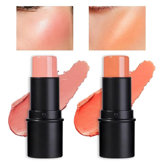 evpct 2Pcs Shimmer Orange Cream Blush Stick for Cheeks Lips Tint Eyes Contour Highlighter Makeup Sticks Lightweight Hydrating formula rubor en crema para los cachetes 02 Coral Pink & 03 Coral Orange-Velvo Beauty