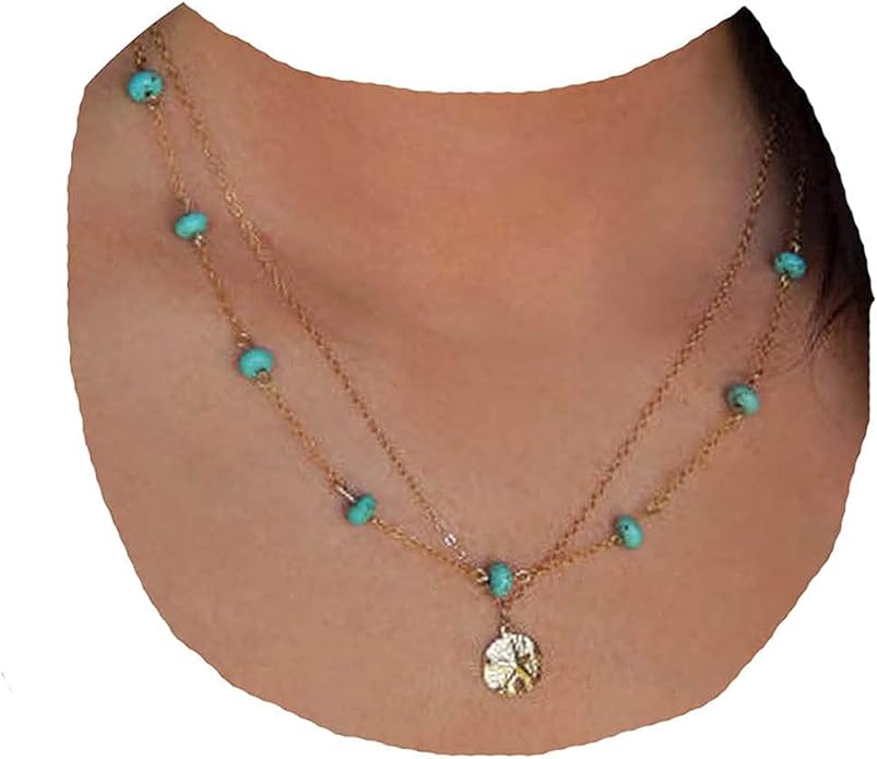 Boho Layered Coin Turquoise Necklace Gold Hammered Coin Disc Pendant Necklace Vintage Necklace Chain Jewelry for Women-Velvo Beauty