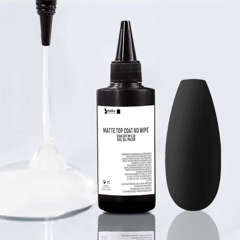 beautilux Gel Matte Top Coat, 100ml Large Capacity No Wipe Matte Top Coat, Soak Off Gel Polish Long-Lasting Prevent Scratches or Chipping, Home Nails DIY Salon 3.5 OZ-Velvo Beauty