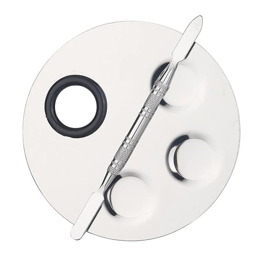 1 Set Round Stainless Steel 3-Well Cosmetic Makeup Palette with Spatula Cosmetic Artist Palette Mixing Palette with Spatula Nail Art Eye Shadow Lipsticks Mixing Makeup Tools, Silver-Velvo Beauty